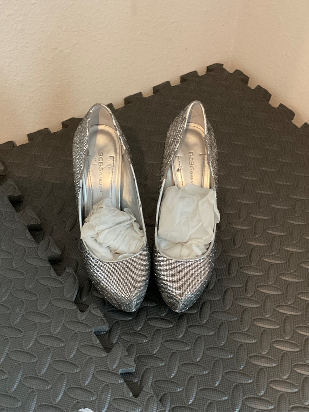 BCBG Silver Glitter Pointed Toe Heels